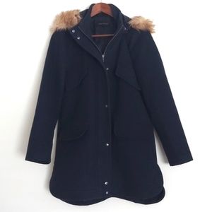 Navy Overcoat with Detachable Faux Fur Hood Trim